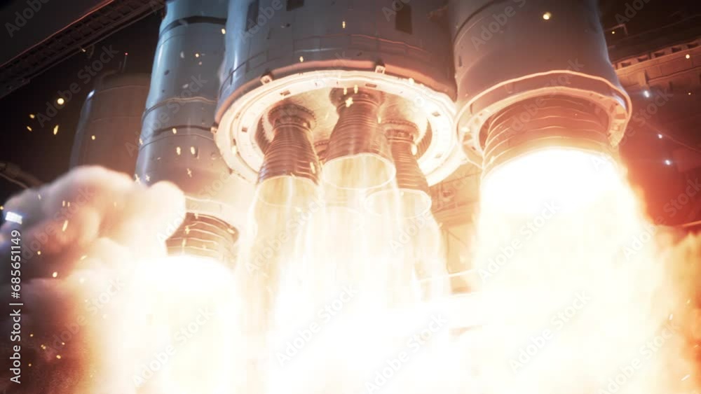 Space Exploration Rocket Launch at Night. Close-up shot of Rocket Engine Ignition. Powerful and Hot Flames Burst out of the Nozzle after Initial Impulse. Vertical Takeoff of Large Rocket with Boosters