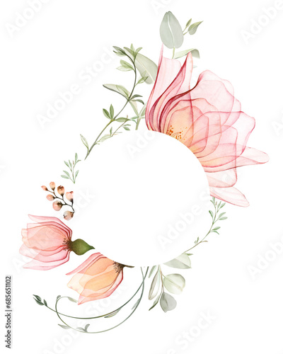 Watercolor floral banner with round place for text. Bouquet with big pink roses and eucalyptus leaves. Thank you card template. Isolated hand drawn abstract illustration