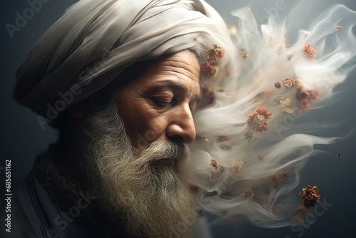 double exposure for a bud touched by the wind, it opened and a sufi man photo