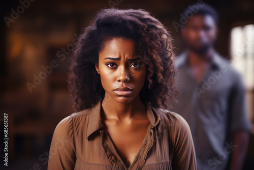 African woman feeling sad and disappointed, her husband is behind