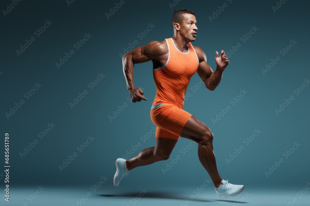 Focused sportsman performing strength training and running in studio on solid color background