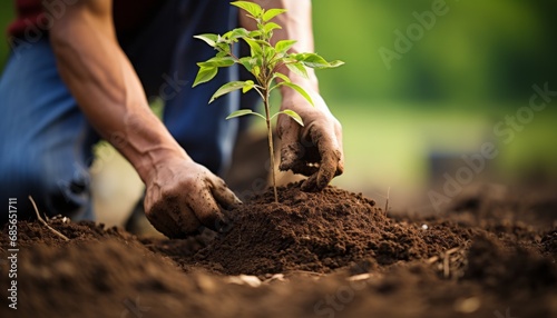 Passionate gardener planting vibrant tree, caring for garden with precision and dedication photo