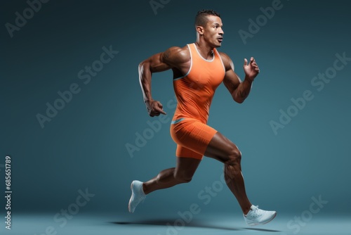 Focused sportsman performing strength training and running in studio on solid color background