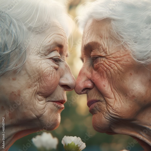 Two white old lesbian grandmas kissing, LGTBQ, cute  elderly women couple in love flirting, smooch, make out, kiss, canoodle, grandmother, retirement, LGBTIQA, Pride, Queer, Ally, Non binary, LGTBQ+