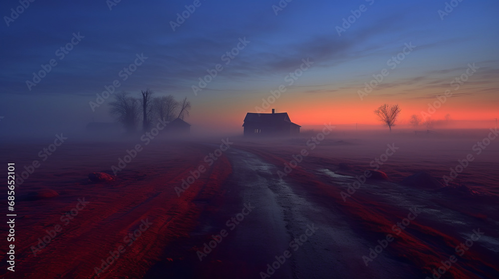 Misty road at night