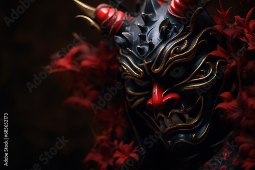 Hannya mask, conceptual photography, bokeh, close up, dark enviroment.