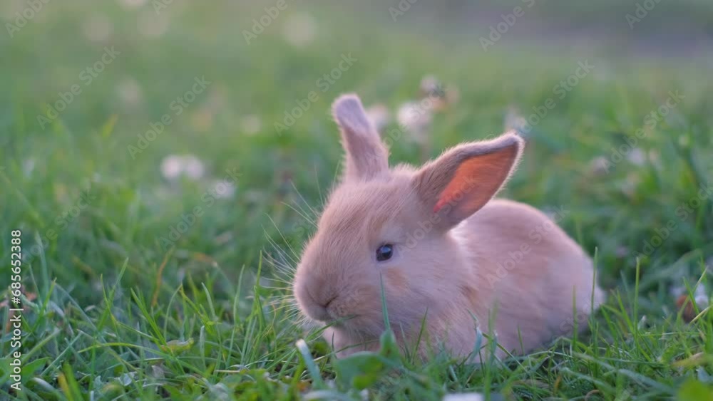 A long-eared little rabbit is sitting in a field in green grass A long-eared little rabbit is sitting in a field in green grass
