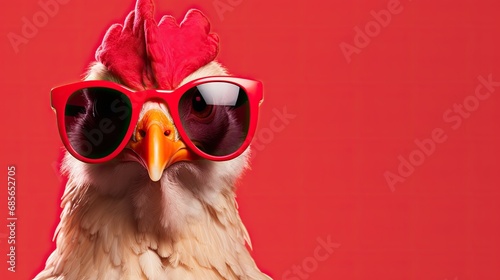Chicken in glasses close-up. Portrait of a chicken. Anthopomorphic creature. Fictional character for advertising and marketing. Humorous character for graphic design. © Login