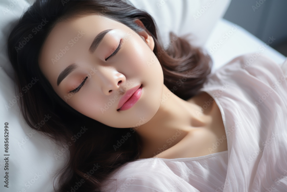 Asian woman sleeping well on white pillow in bed Asian woman sleeping well on white pillow in bed
