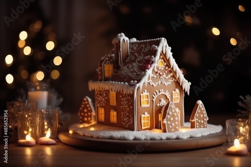 Gingerbread house Christmas Hut on wood table with xmas winter fairy lights frosting icing deco, bokeh macro, captivating, baked homemade cookie cottage, Brown sweet candy home with white sugar snow