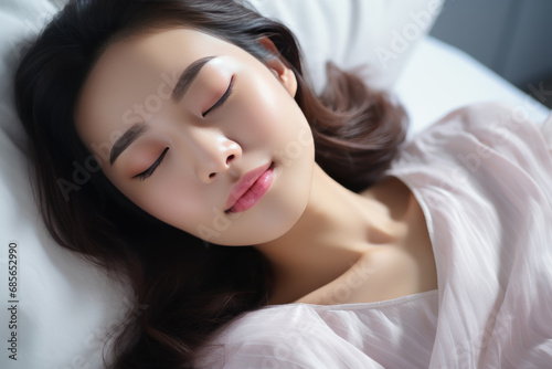 Asian woman sleeping well on white pillow in bed