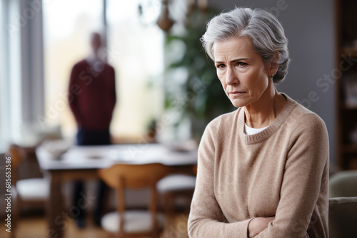 Senior brunette woman feeling sad and disappointed, her husband is behind