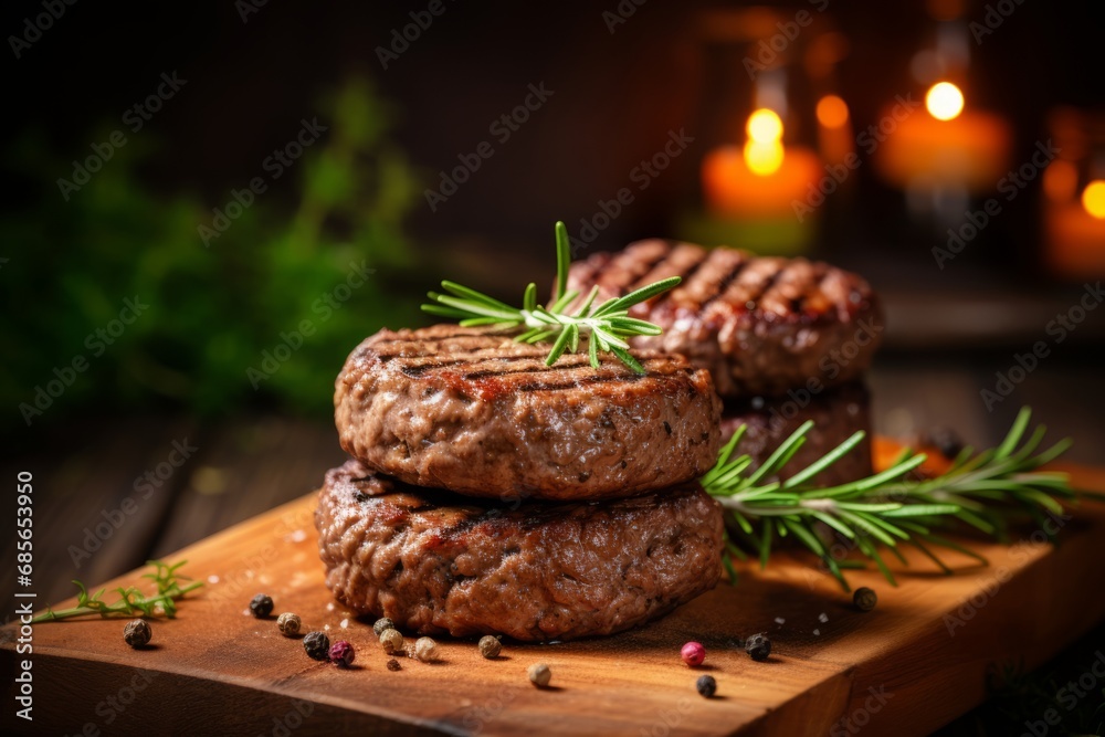 Deliciously charred and juicy grilled meat burger patty served on a rustic wooden board
