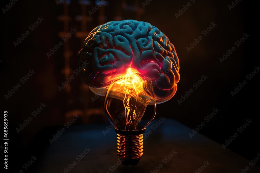 Human brain light bulb with fire, longterm memory, storage of