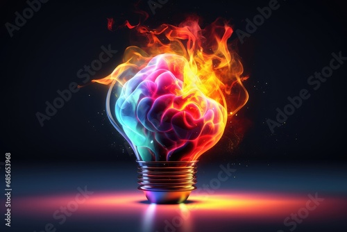 Human brain light bulb with fire, long-term memory, storage of information, short-term memory, mind processing informations and stimuli, brain's neurons fire, deep learning and remembering process