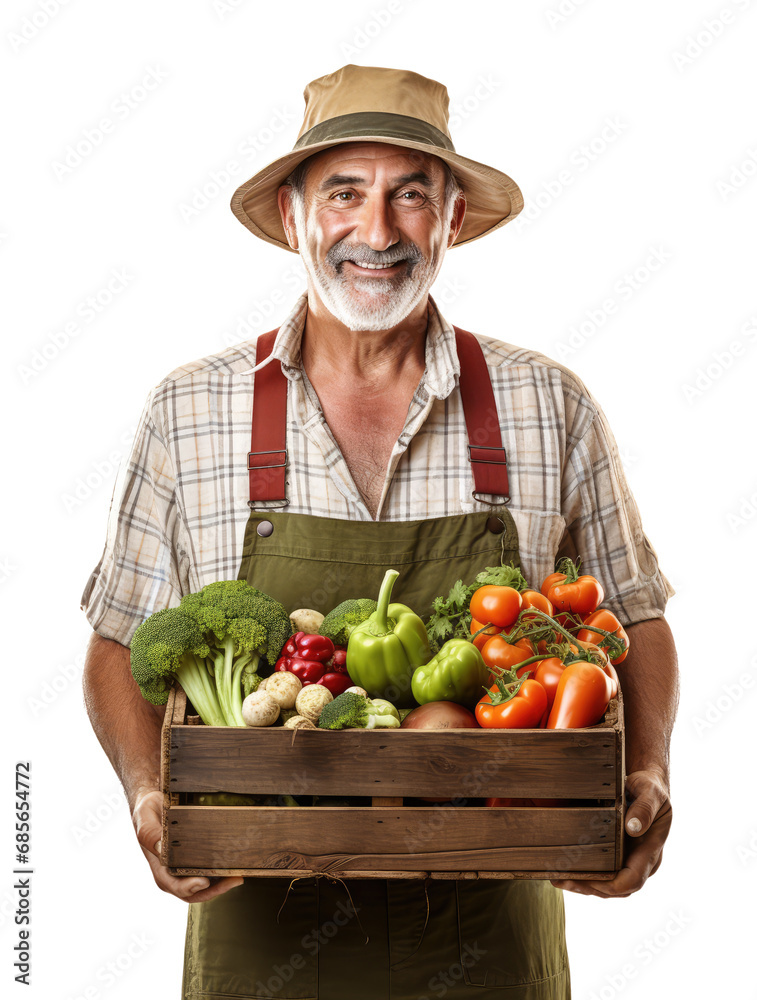 Male farmer with box of vegetables on transparent background Male farmer with box of vegetables on transparent background