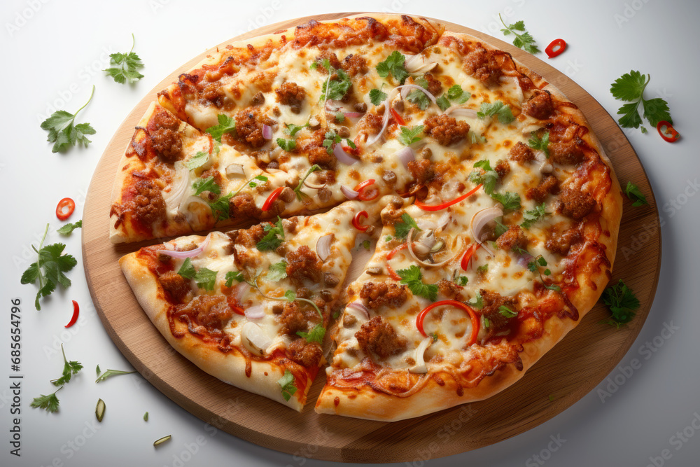 Top view of a Sausage and Peppers Pizza on a light background. Generative AI. Top view of a Sausage and Peppers Pizza on a light background. Generative AI.
