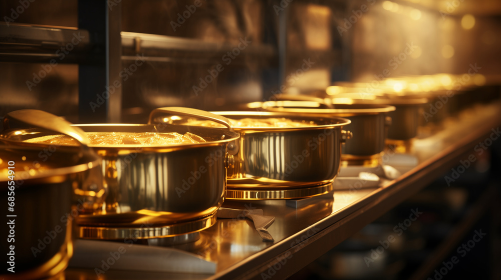Close up of golden cup of tea on a shelf in a restaurant