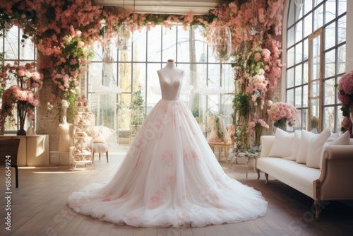 Elegant white wedding dresses hanging on hangers in luxury bridal shop boutique salon photo