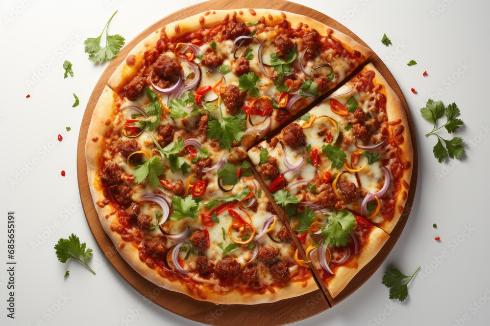 Top view of a Sausage and Peppers Pizza on a light background. Generative AI. Top view of a Sausage and Peppers Pizza on a light background. Generative AI.
