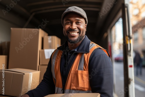 Close-up portrait of a male courier with cardboard boxes on a city street. Confident positive African American young man delivering a package to a customer. Logistics and delivery concept. © Georgii