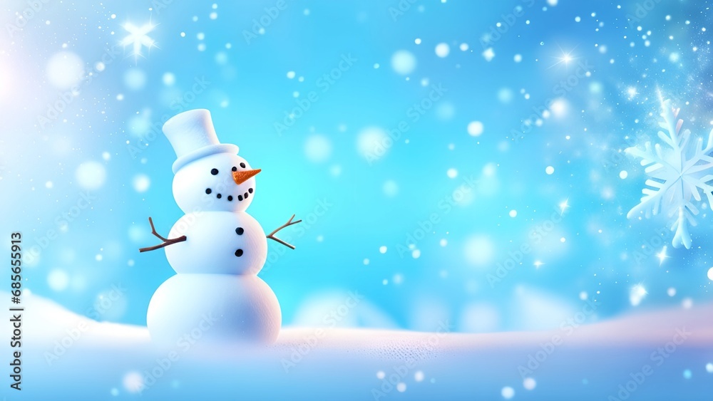 Funny snowman on Christmas holiday winter background Merry Christmas and Happy Holidays wishes, banner background 
