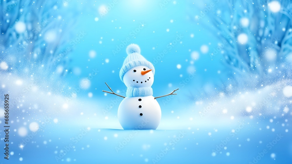 Obraz premium Funny snowman on Christmas holiday winter background Merry Christmas and Happy Holidays wishes, banner background 