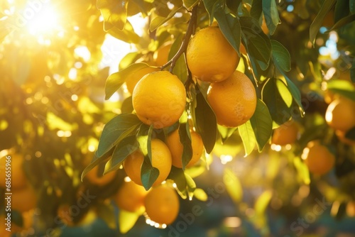 A bunch of oranges hanging from a tree. Perfect for illustrating the beauty of nature and showcasing the abundance of fresh fruits.