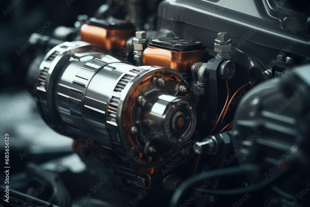A detailed view of a motorcycle engine. A detailed view of a motorcycle engine.
