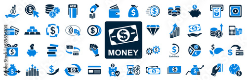Money capital set icons. Set of coins, dollar, banking credit card payment, currency exchange, cashback, wallet, money service, capital increase, savings accumulation, dollar rate increase