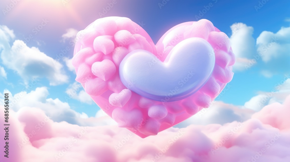 Obraz premium Fluffy Heart Cloud background. Valentine’s Day, Love Concept. Realistic beautiful heart shaped sky clouds illustration for postcard, banner, leaflet, poster, brochure, greeting invitation card..