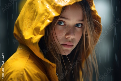 A woman wearing a yellow raincoat looking directly at the camera. 