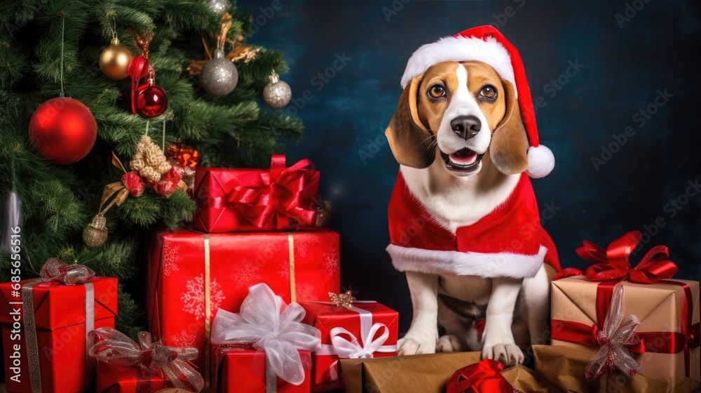 Beagle Christmas dog background. Happy New Year, Merry Christmas concept. Portrait of Cute Beagle puppy breed wearing Santa hat on festive decoration backdrop..