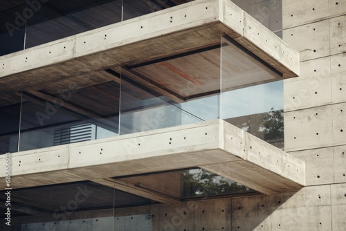 A picture of a large concrete building with a glass balcony. This image can be used to depict modern architecture or urban living