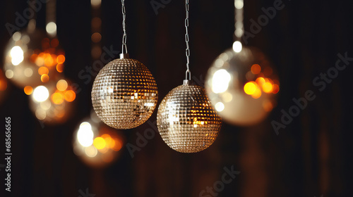 Hanging Christmas ornaments on a dark background created with Generative AI technology