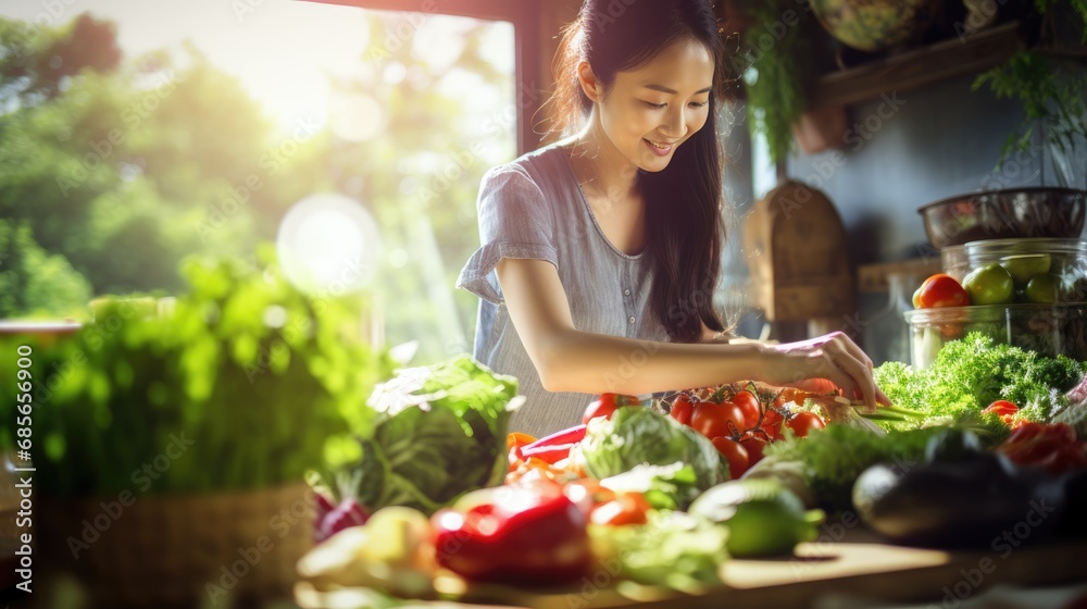 Woman surrounded by various vegetables background. Veganuary, Healthy organic food, harvest, Diet concept. Portrait of happy lady and variety fresh raw different vegetables. .