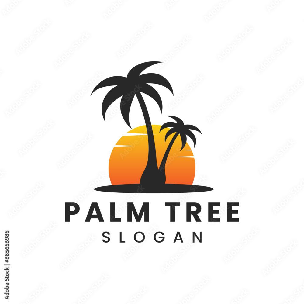 Palm tree logo. Sea Beach logo design. Tropical palm trees island silhouettes with Sunset, vector illustration
