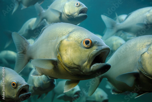 A group of a school of predatory tropical piranha fish. Freshwater exotic fauna of the Amazon. AI generated.