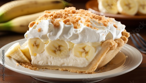Delectable slice of homemade banana cream pie on a captivating rustic wooden background photo