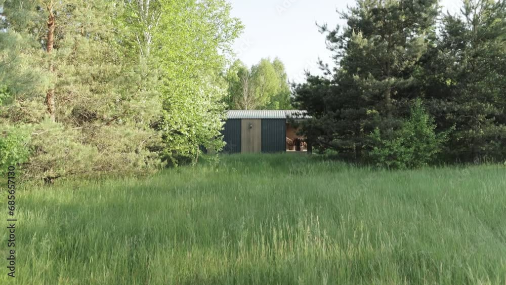 Wood building hidden in nature among the pine trees, forest, green grass, sun rays on top of the trees. Wooden tiny house. slow motion. Wood building hidden in nature among the pine trees, forest, green grass, sun rays on top of the trees. Wooden tiny house. slow motion.