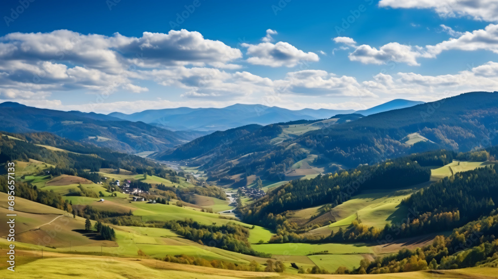 Panorama of mountainous Carpathian countryside