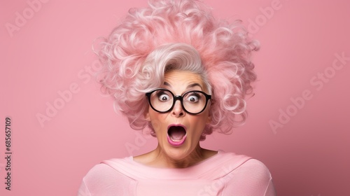 Surprised Mature Woman with Glasses with Big Hair on an Pink Background with Space for Copy