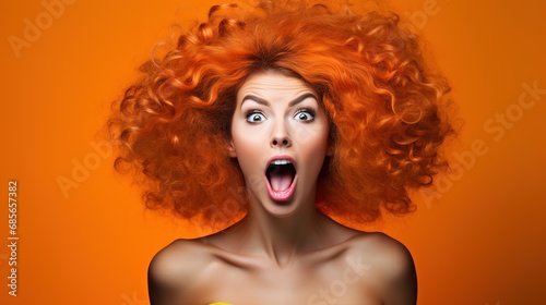 Surprised Woman with Big Hair on an Orange Background with Space for Copy