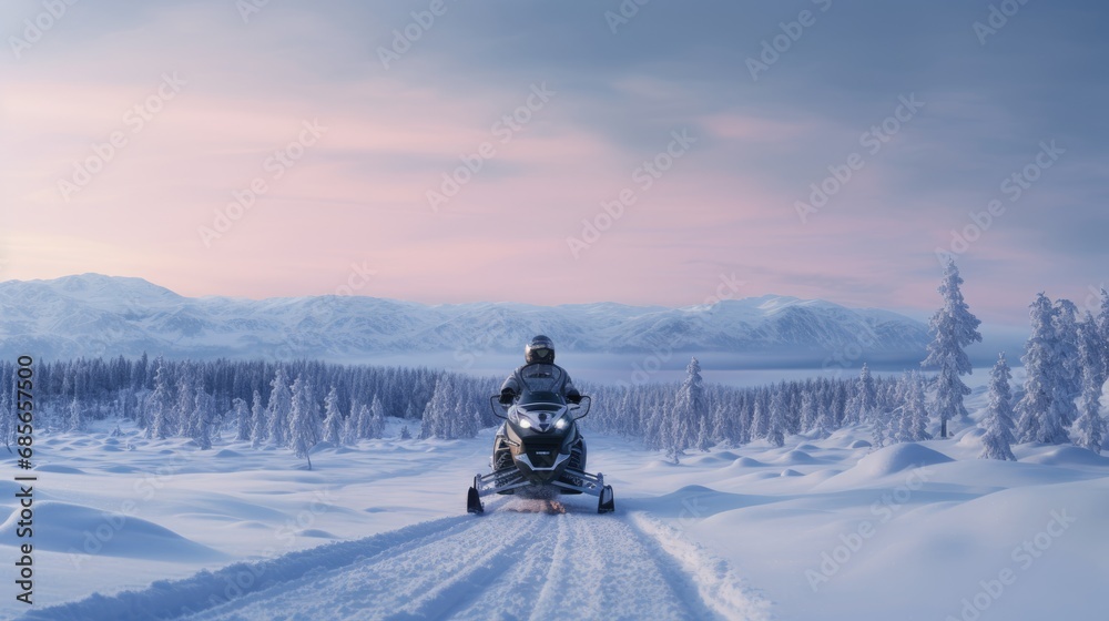 A man expertly navigating a snowmobile photo realistic illustration - Generative AI. A man expertly navigating a snowmobile photo realistic illustration - Generative AI.