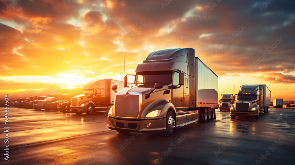 Parked trucks in front of bright sunrise