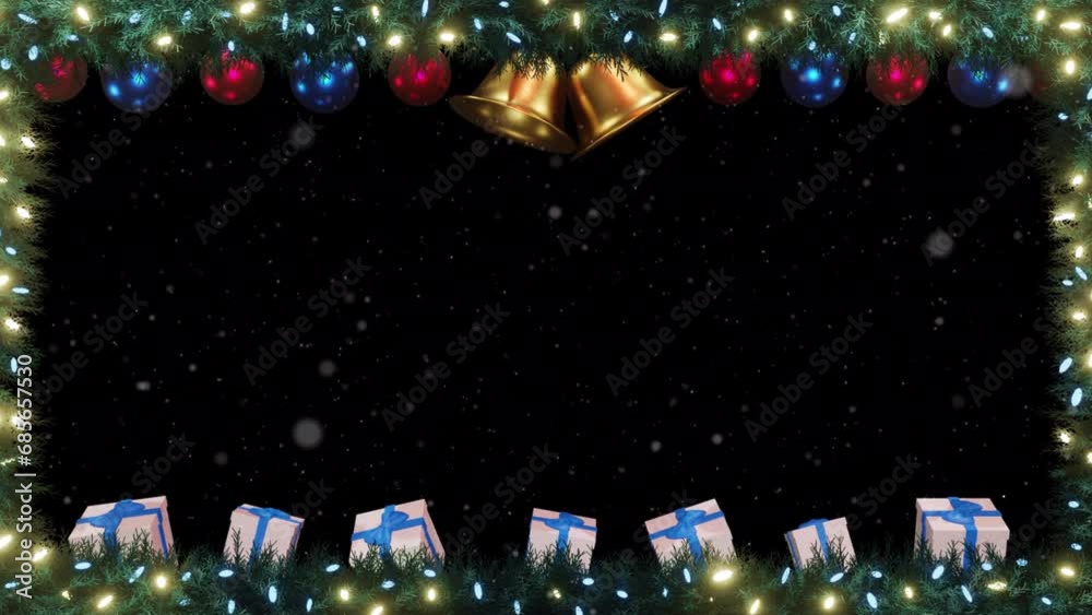 A frame overlay featuring pine branches and blinking Christmas lights and balls with falling snowflakes on alpha in a seamless loop.