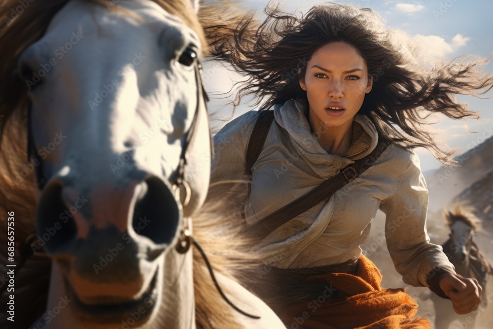 Obraz premium A woman confidently riding on the back of a majestic white horse. This image can be used to depict strength, freedom, and adventure.