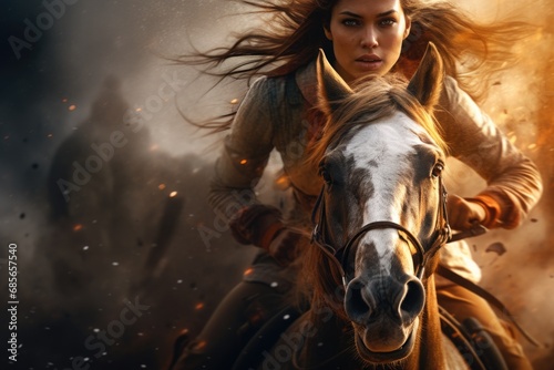 A woman confidently riding on the back of a majestic white horse. This image can be used to depict strength, freedom, and adventure. Perfect for equestrian-related content or inspirational designs