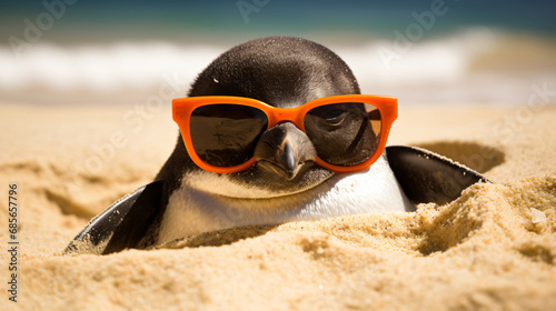 Penguin wearing sunglasses on sandy beach showing
