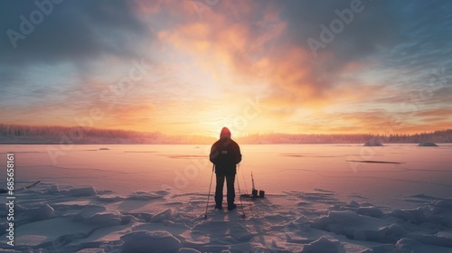 A man gearing up for a day of ice fishing photo realistic illustration - Generative AI. © Mariia